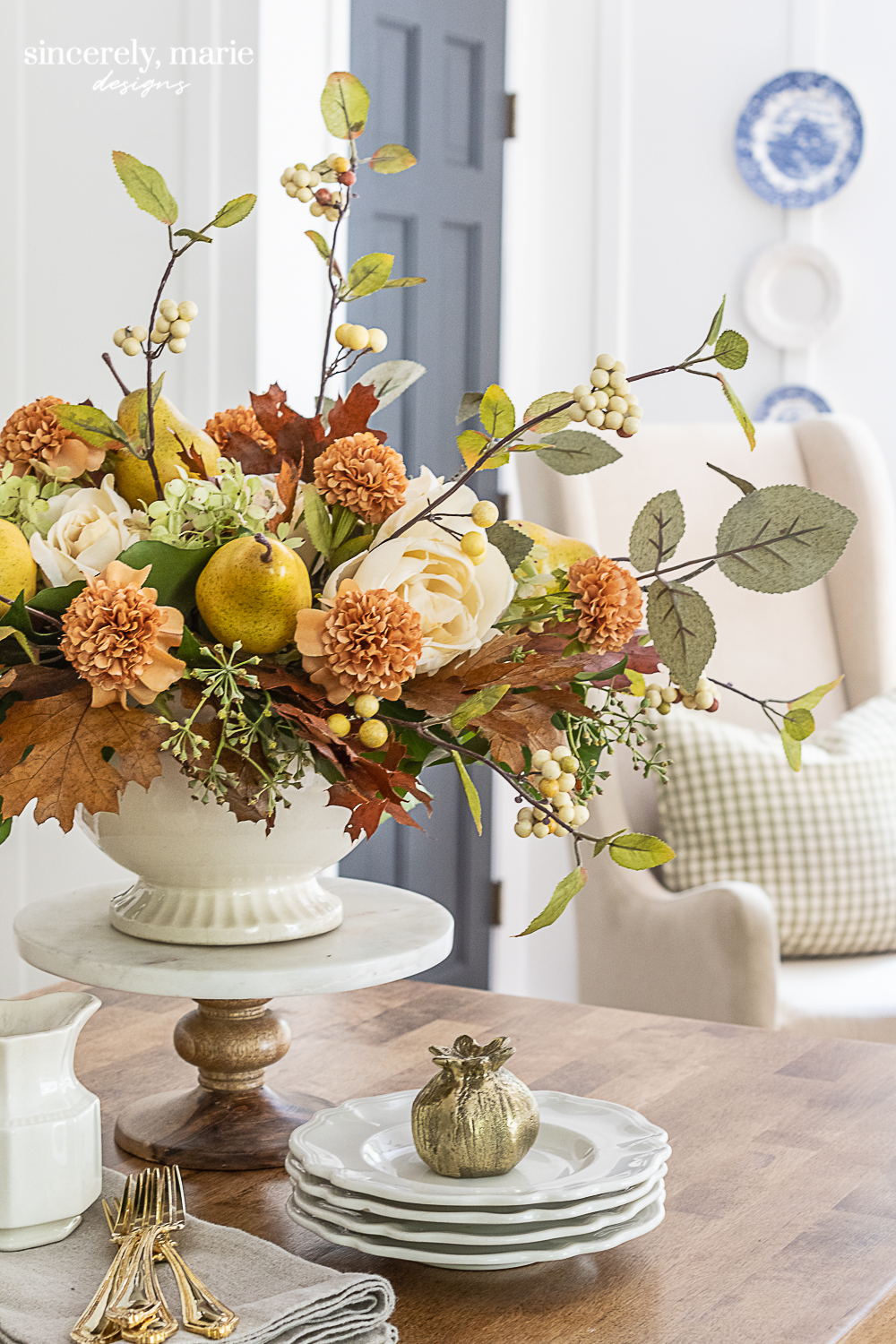 A Faux Autumn Floral Arrangement with Pears Sincerely, Marie Designs